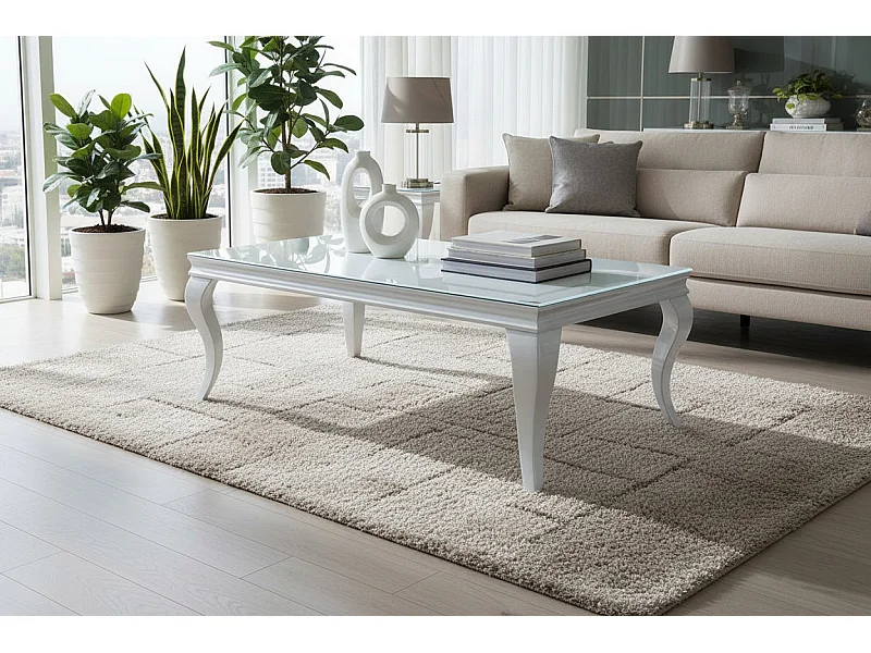 Table Basse BAROQUE Rectangle Plateau Verre Trempé Blanc Pieds Chrome 120x60x45cm