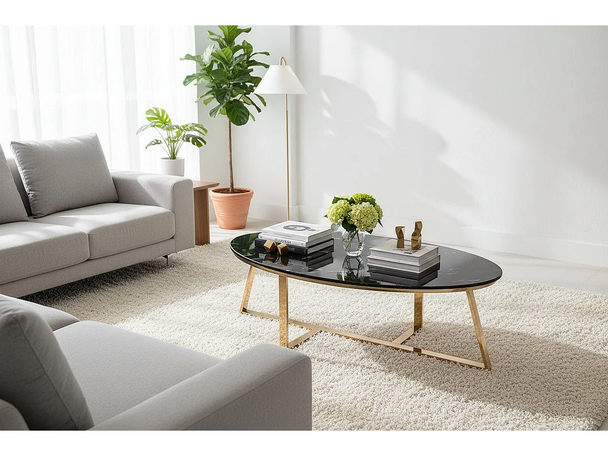 Table Basse Ovale GAMMA Plateau Granite Effet Marbre Noir Pieds Gold 120x60x45cm