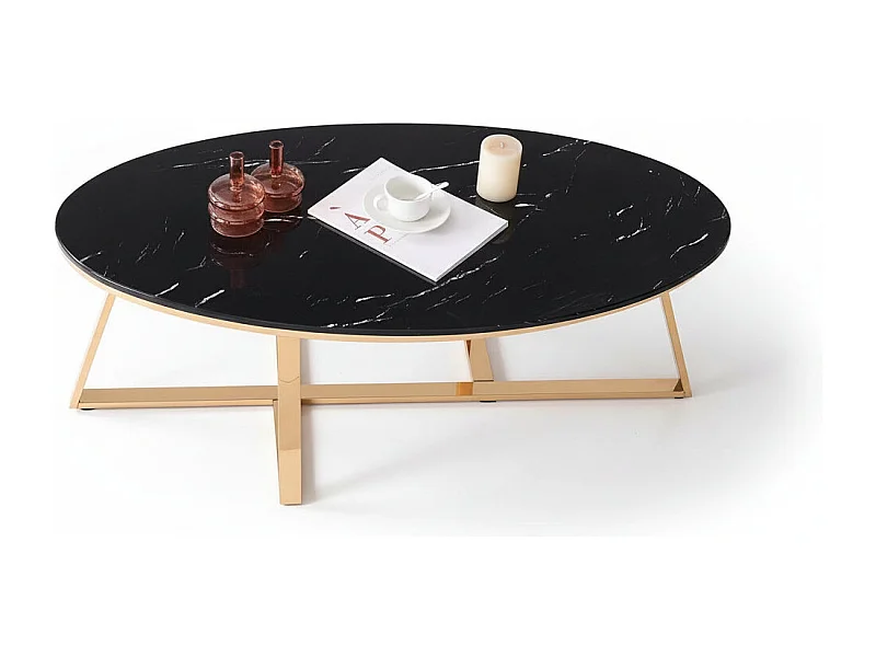 Table Basse Ovale GAMMA Plateau Granite Effet Marbre Noir Pieds Gold 120x60x45cm