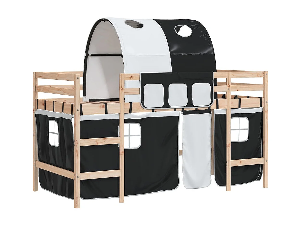 Bettgestell | Kinderhochbett mit Tunnel Weiß & Schwarz 90x190 cm Kiefernholz SHL179444
