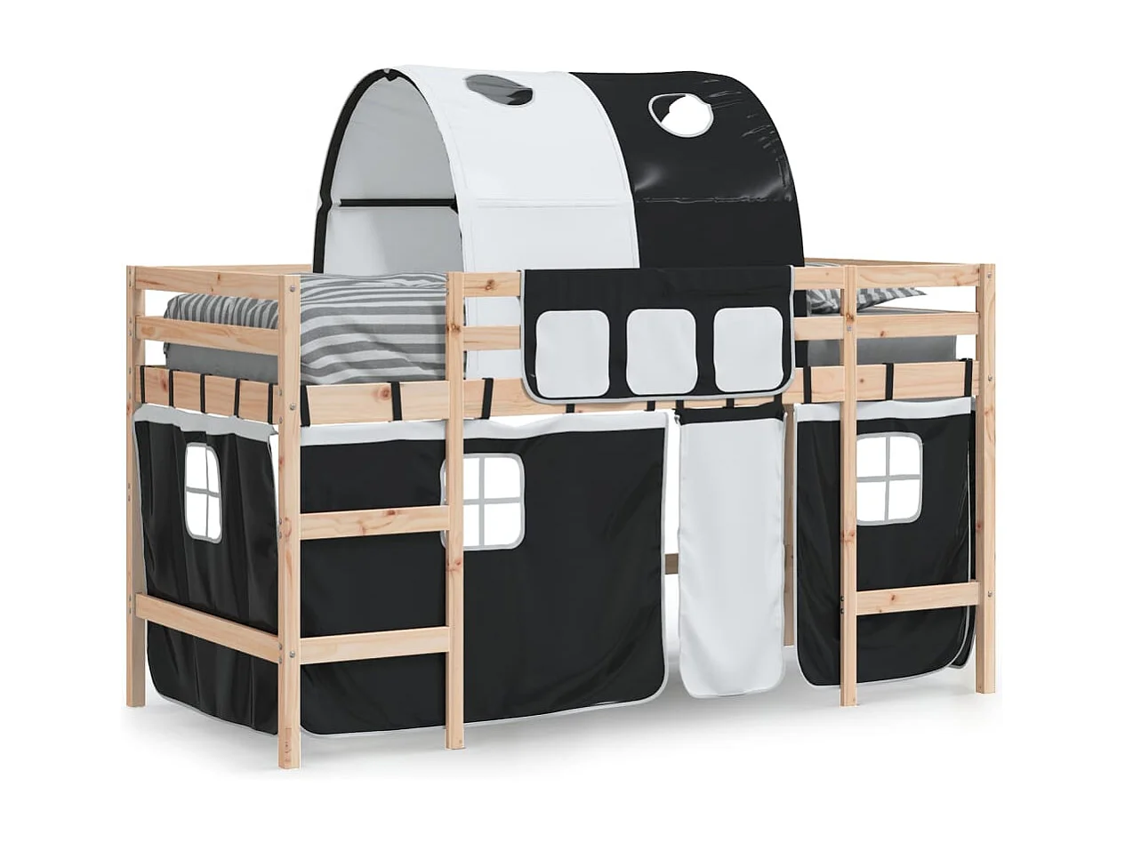 Bettgestell | Kinderhochbett mit Tunnel Weiß & Schwarz 90x190 cm Kiefernholz SHL179444