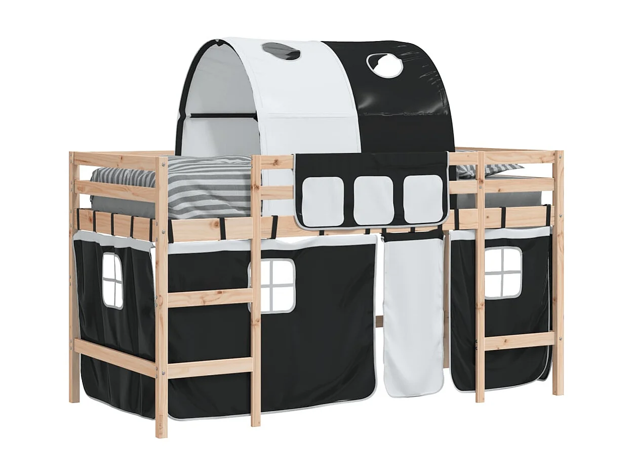 Bettgestell | Kinderhochbett mit Tunnel Weiß & Schwarz 90x190 cm Kiefernholz SHL179444