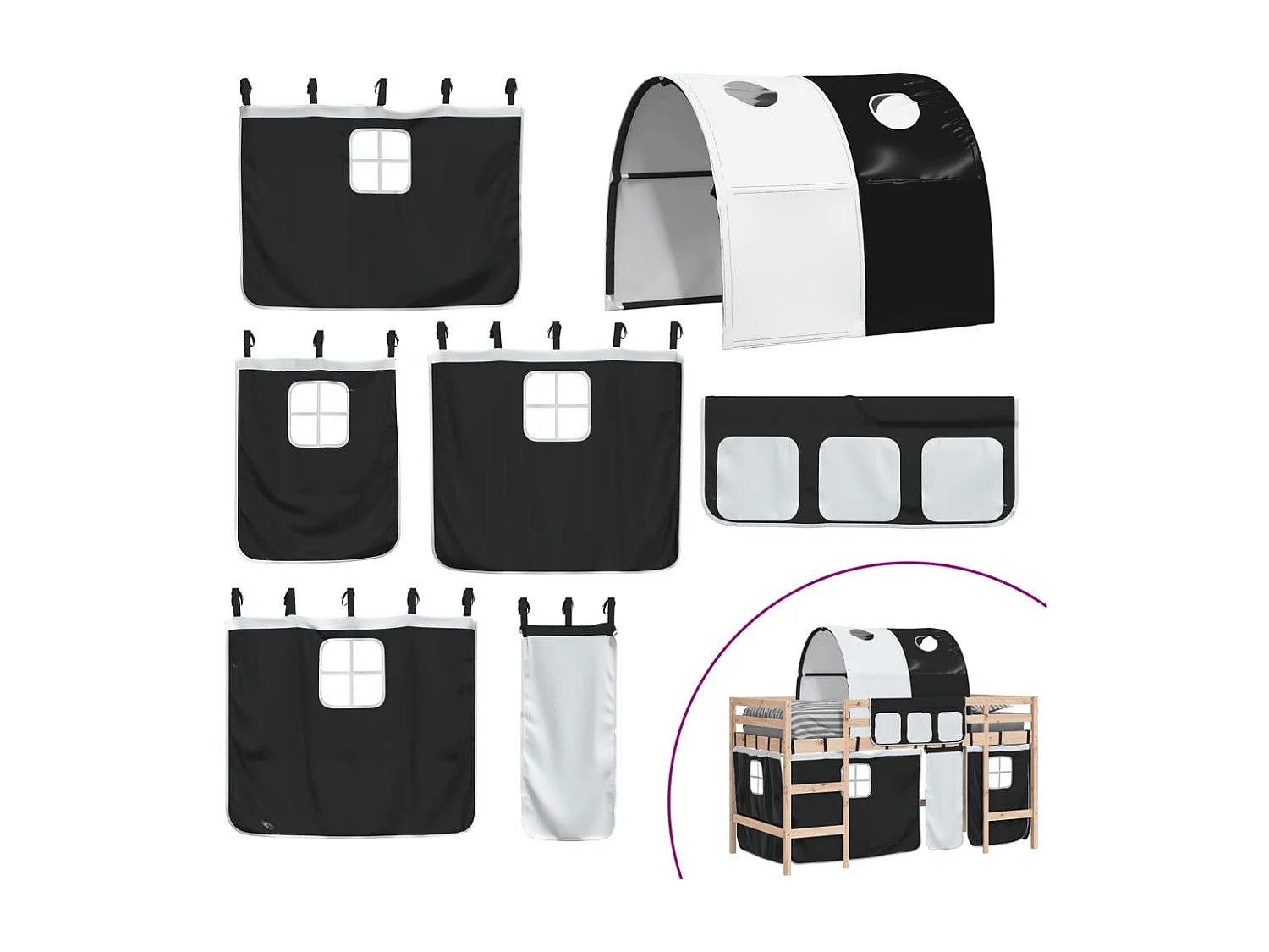 Bettgestell | Kinderhochbett mit Tunnel Weiß & Schwarz 90x190 cm Kiefernholz SHL179444