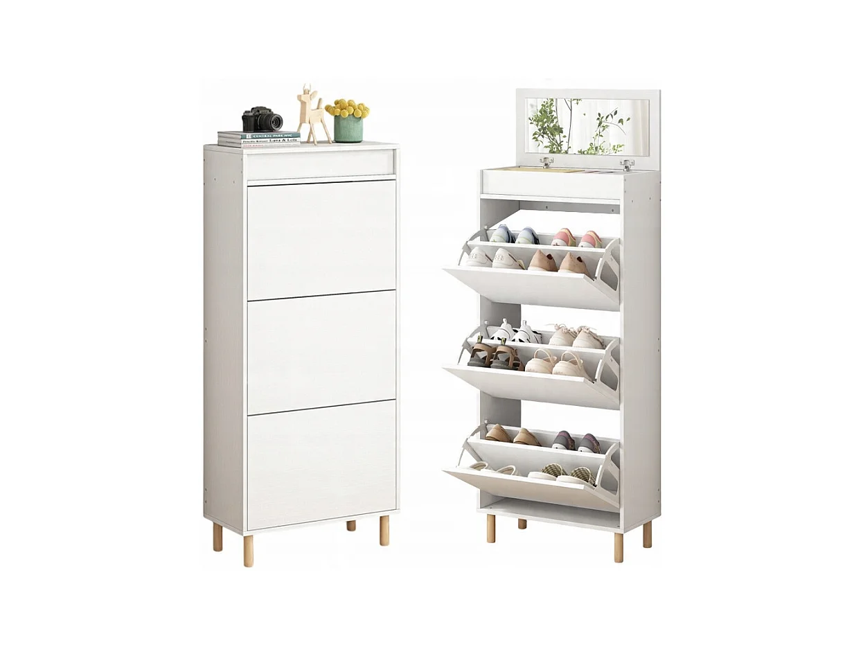 ARMOIRE À CHAUSSURES BLANCHE AVEC MIROIR LOFT ÉTAGÈRE SUR PIED HALL D'ENTRÉE 55 CM