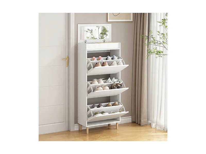 ARMOIRE À CHAUSSURES BLANCHE AVEC MIROIR LOFT ÉTAGÈRE SUR PIED HALL D'ENTRÉE 55 CM