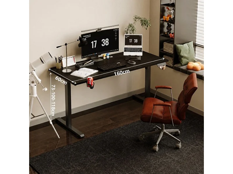 Bureau électrique réglable en hauteur noir, 160 cm, design moderne, hauteur ajustable de 72 à 118 cm