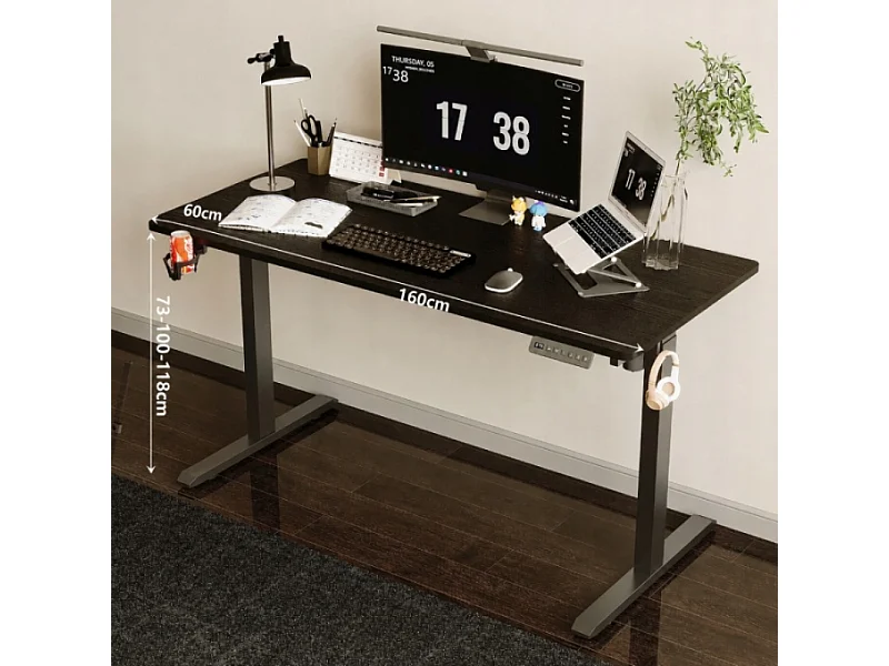 Bureau électrique réglable en hauteur noir, 160 cm, design moderne, hauteur ajustable de 72 à 118 cm