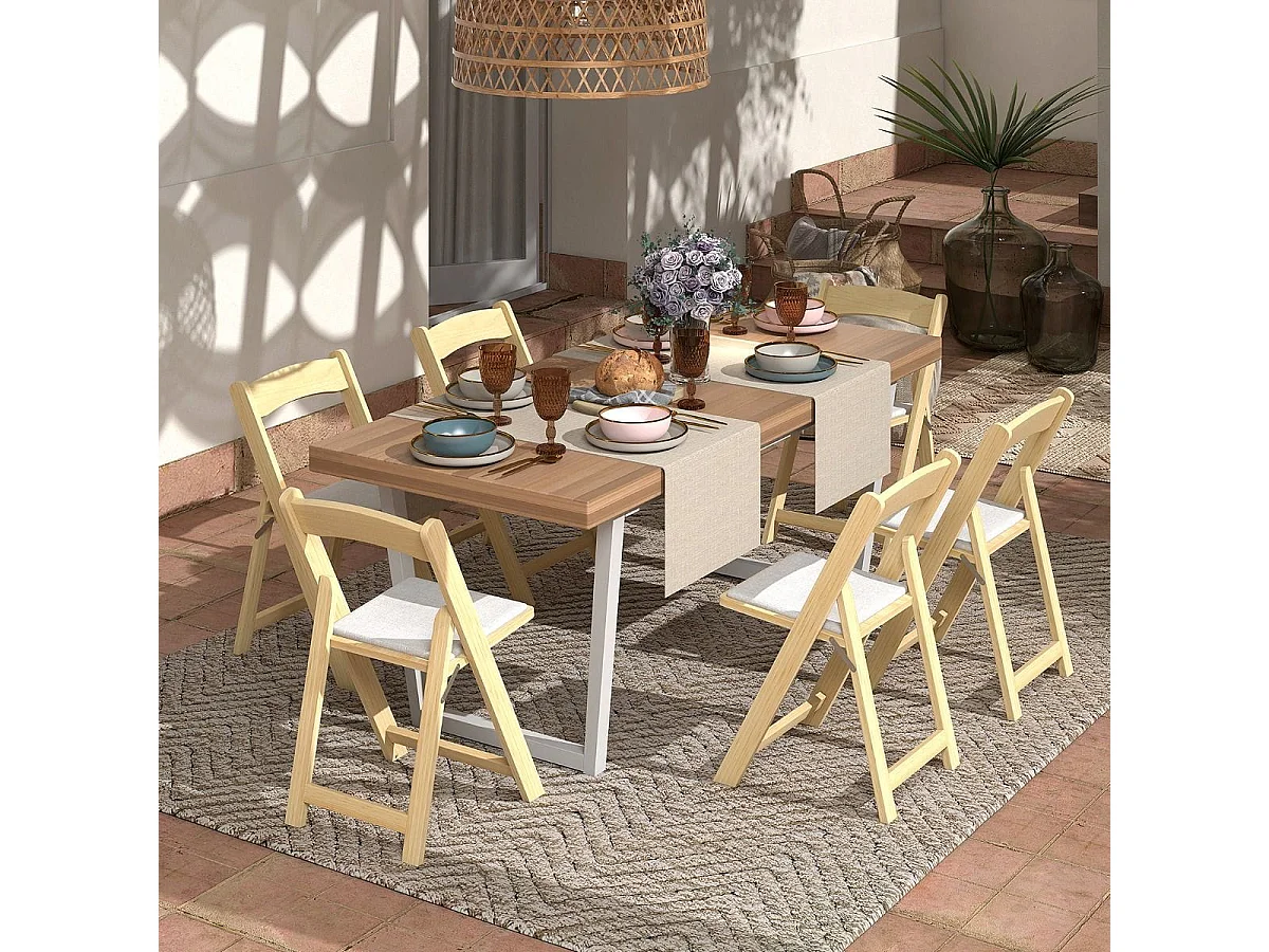 Set di 2 sedie da pranzo con gambe in legno di gomma e sedile imbottito, Sedie da cucina pieghevoli Naturale