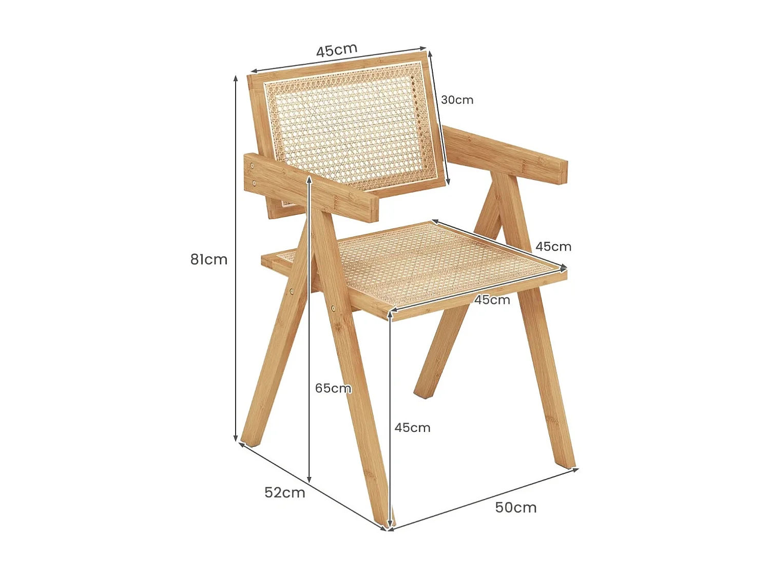 Set da 4 sedie da pranzo in bambù e rattan sintetico, Sedia da cucina 50 x 52 x 81 cm Naturale