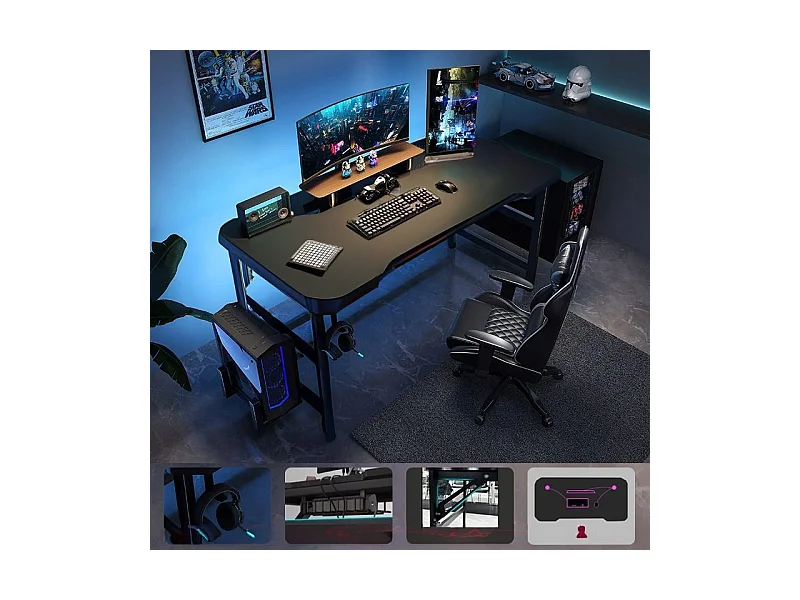 BUREAU GAMING TABLE POUR JOUEUR MODERNE INFORMATIQUE NOIR 120 CM
