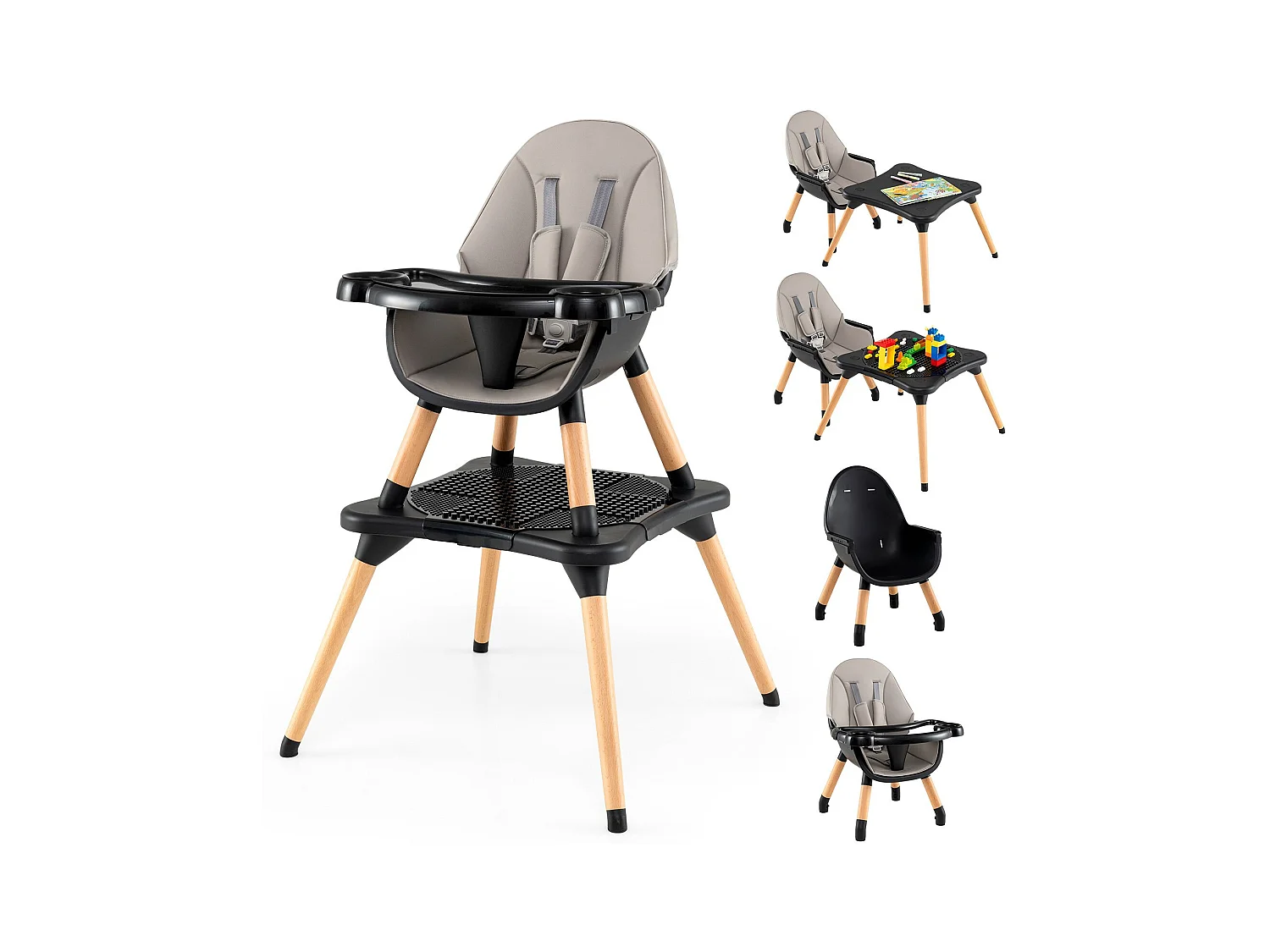 6 in 1 Baby Hochstuhl mit Bausteintisch & Abnehmbarem Doppeltablett Kinderhochstuhl Schwarz