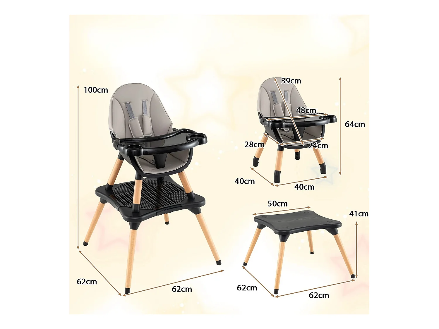 6 in 1 Baby Hochstuhl mit Bausteintisch & Abnehmbarem Doppeltablett Kinderhochstuhl Schwarz