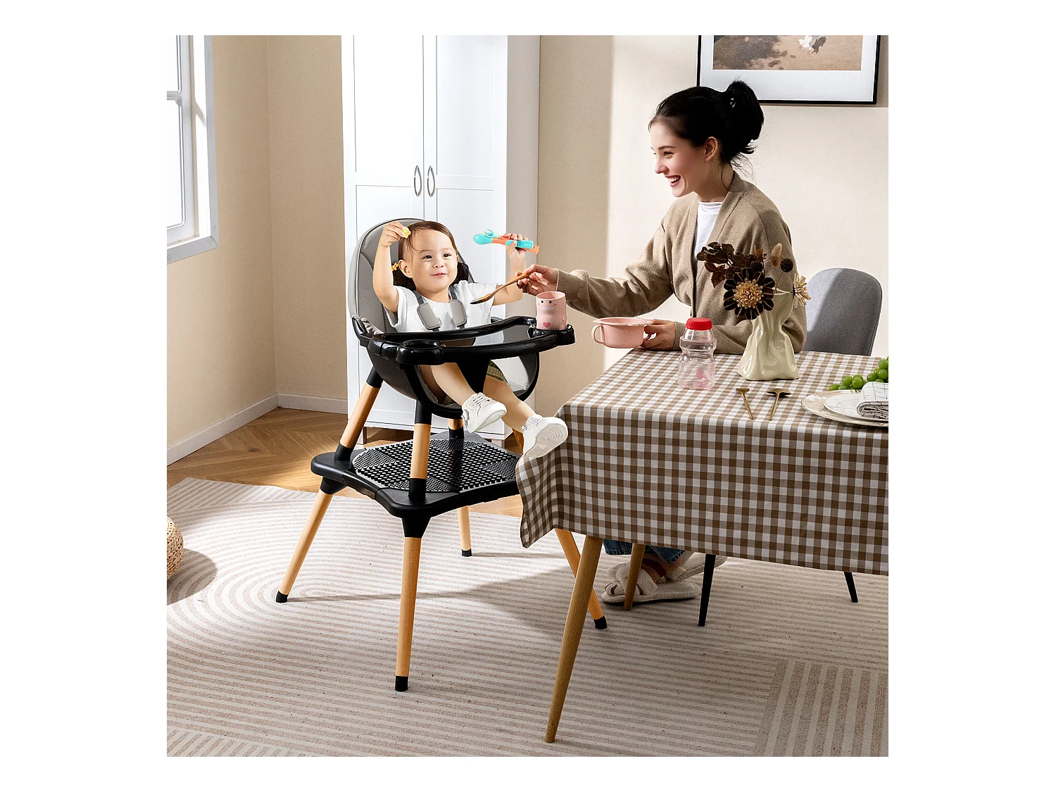 6 in 1 Baby Hochstuhl mit Bausteintisch & Abnehmbarem Doppeltablett Kinderhochstuhl Schwarz