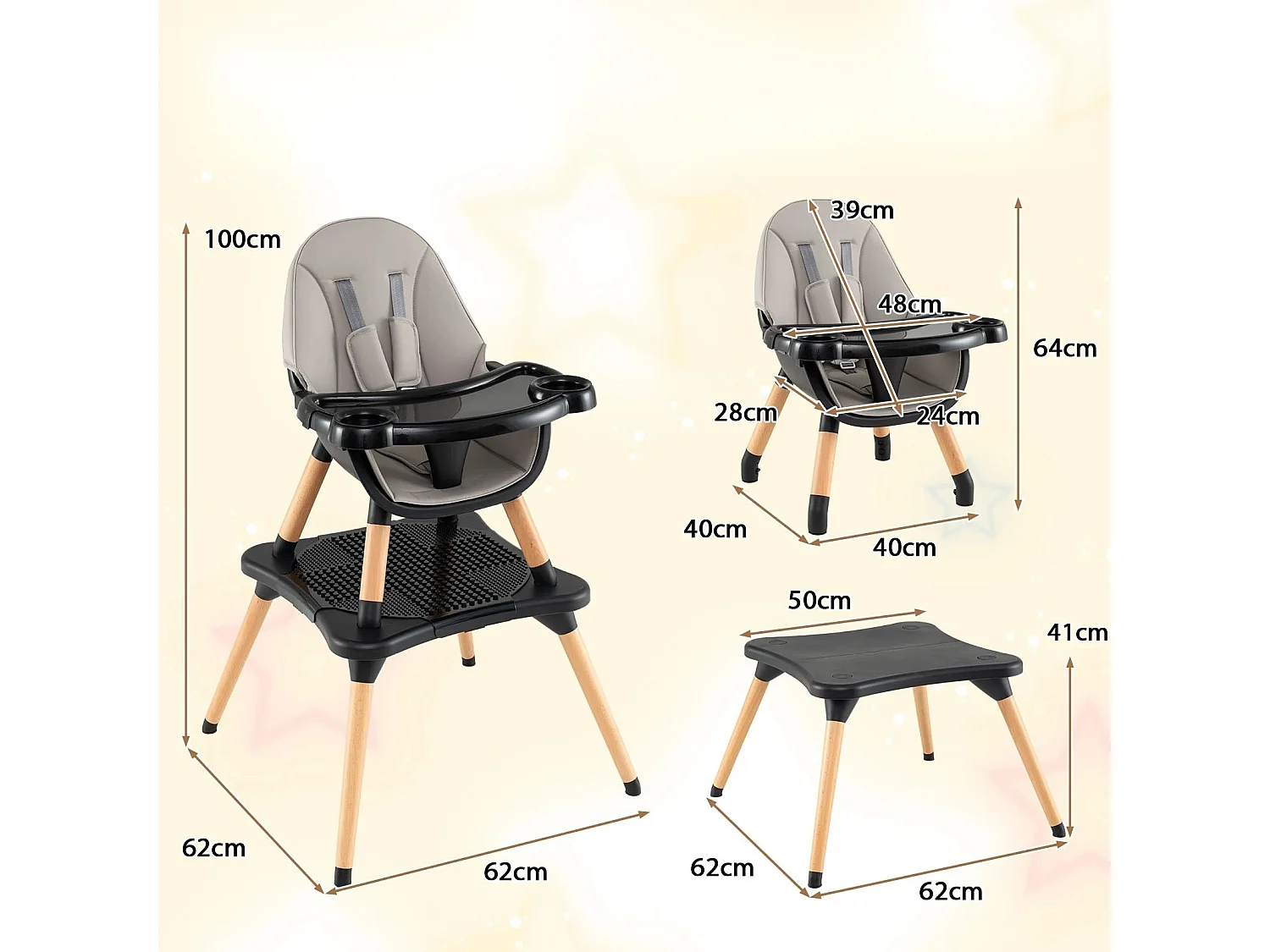 Seggiolone 6 in 1 per bambini con tavolo e vassoio doppio rimovibile Seggiolone per bambini nero