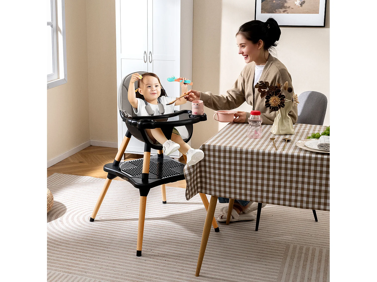 Seggiolone 6 in 1 per bambini con tavolo e vassoio doppio rimovibile Seggiolone per bambini nero
