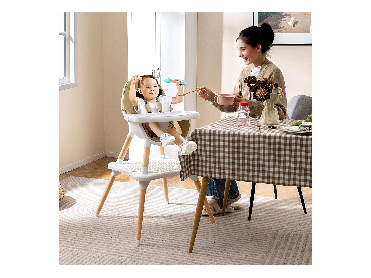 Hochstuhl für Babys & Kleinkinder 6-in-1 Convertible Tisch Stuhl Set mit Bausteintisch Beige