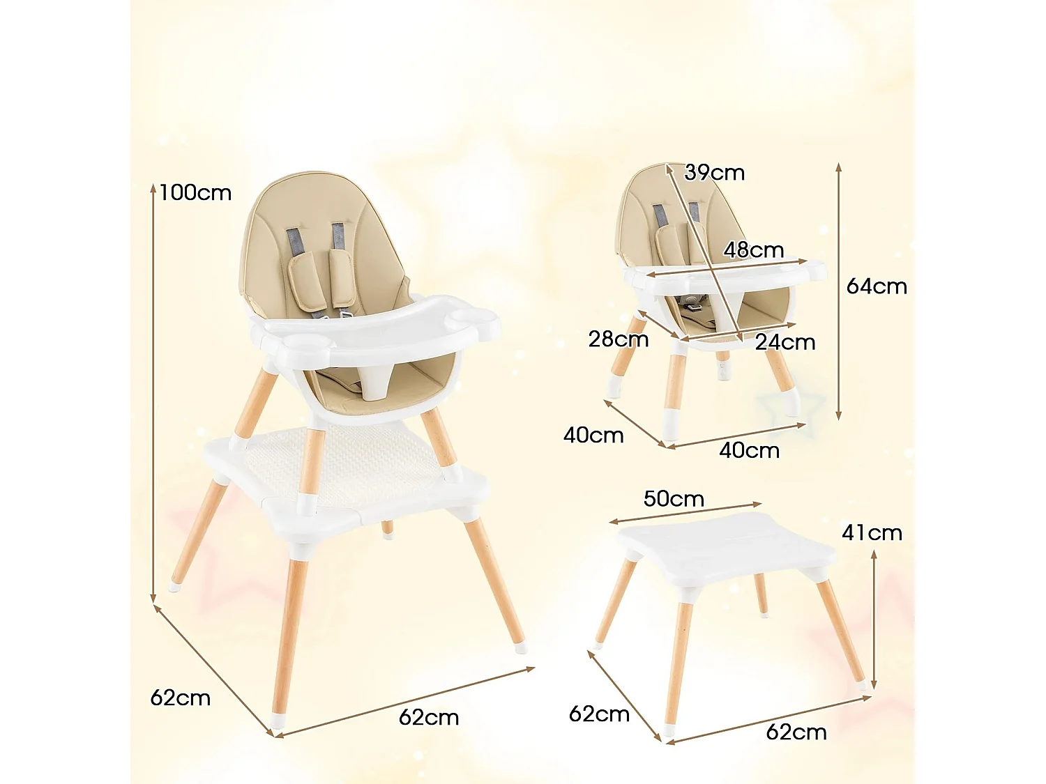 Seggiolone per neonati e bambini 6 in 1 Set di sedie da tavolo trasformabili con tavolo a blocchi Beige