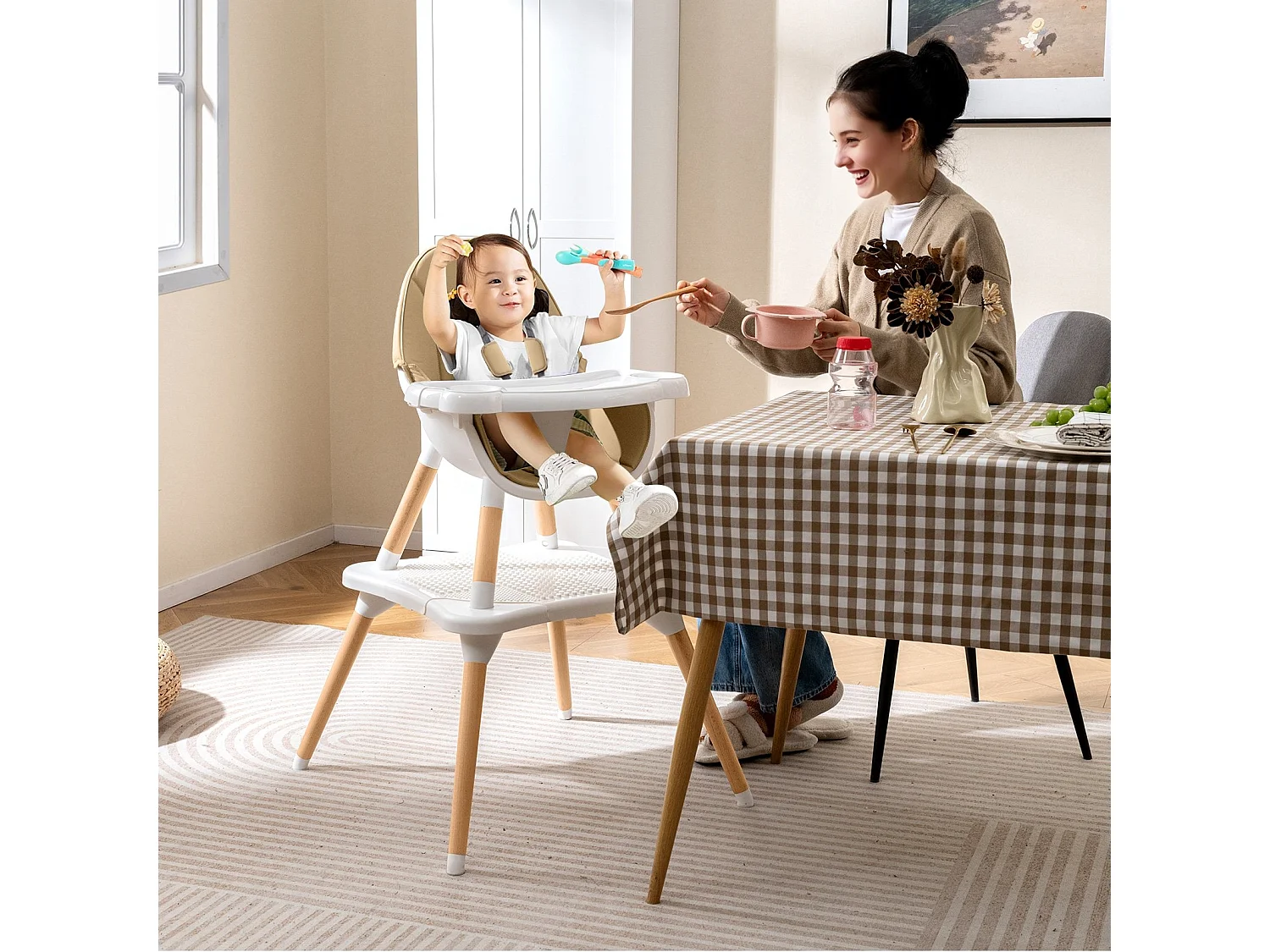 Seggiolone per neonati e bambini 6 in 1 Set di sedie da tavolo trasformabili con tavolo a blocchi Beige