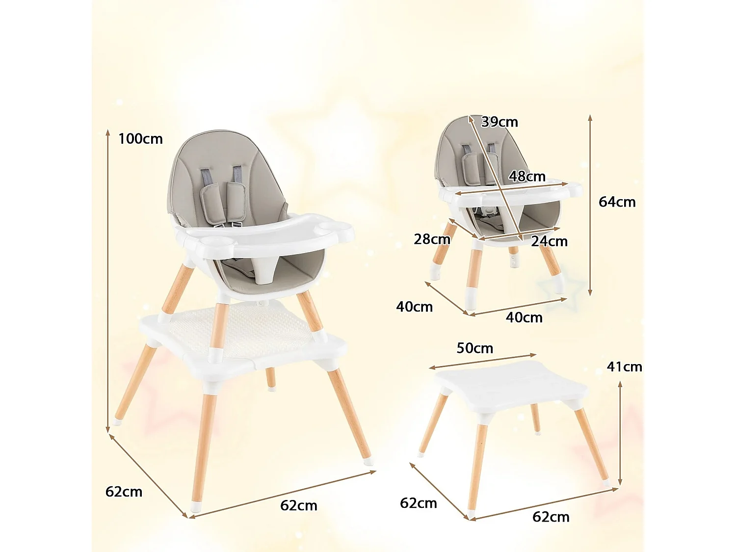 Seggiolone per neonati e bambini 6 in 1 Set di sedie da tavolo trasformabili con tavolo per costruzioni Grigio