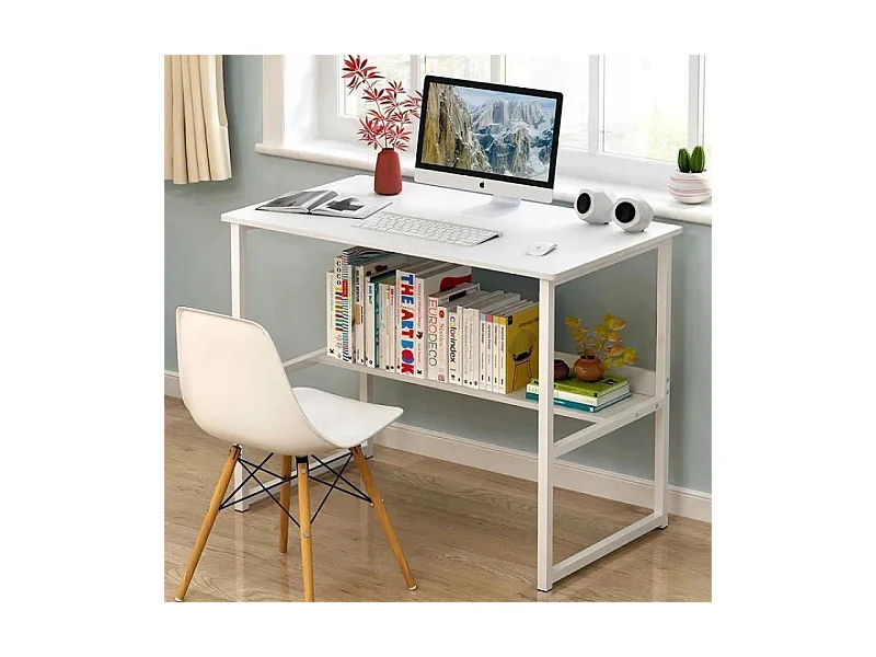 BUREAU INFORMATIQUE TABLE BLANCHE POUR ADOLESCENTS AVEC ÉTAGÈRE MODERNE 100 CM