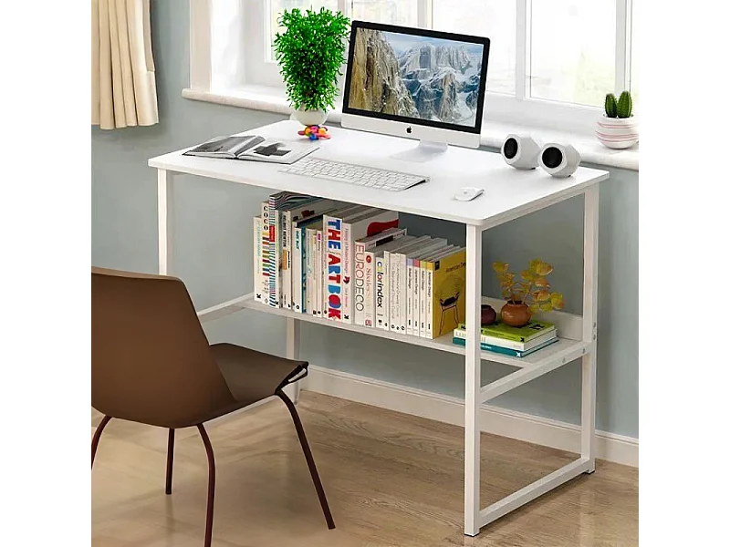 BUREAU INFORMATIQUE TABLE BLANCHE POUR ADOLESCENTS AVEC ÉTAGÈRE MODERNE 100 CM