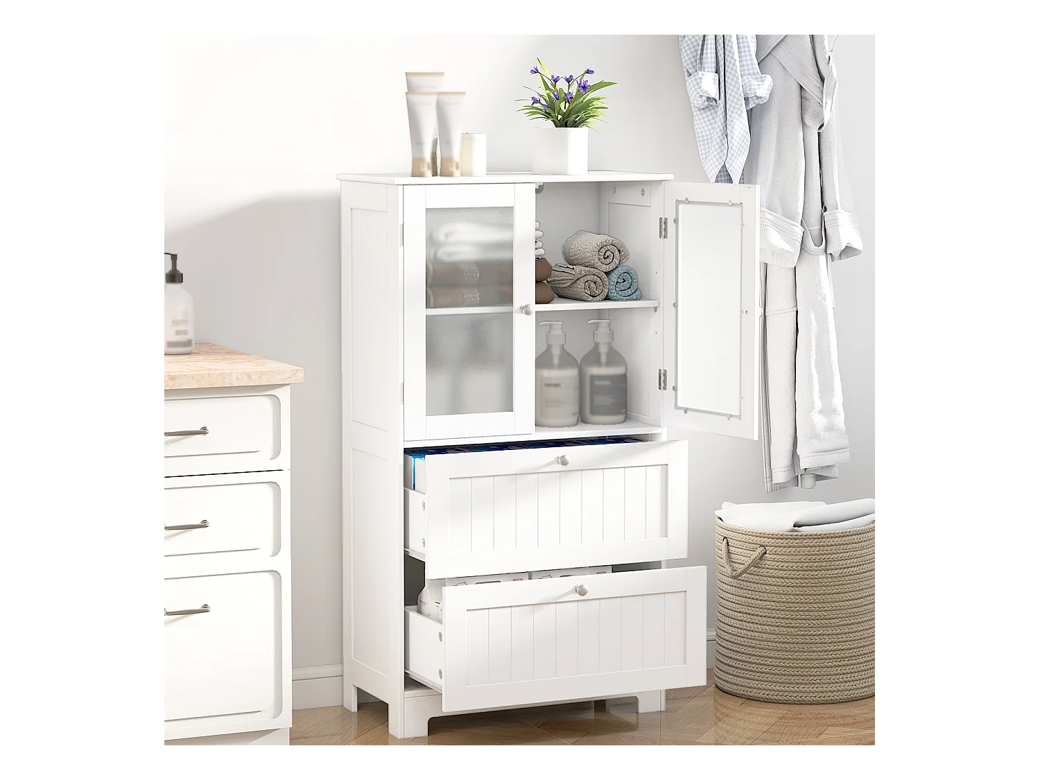 Armoire de salle de bains avec 2 tiroirs & 2 portes vitrées & étagère réglable Armoire haute blanche