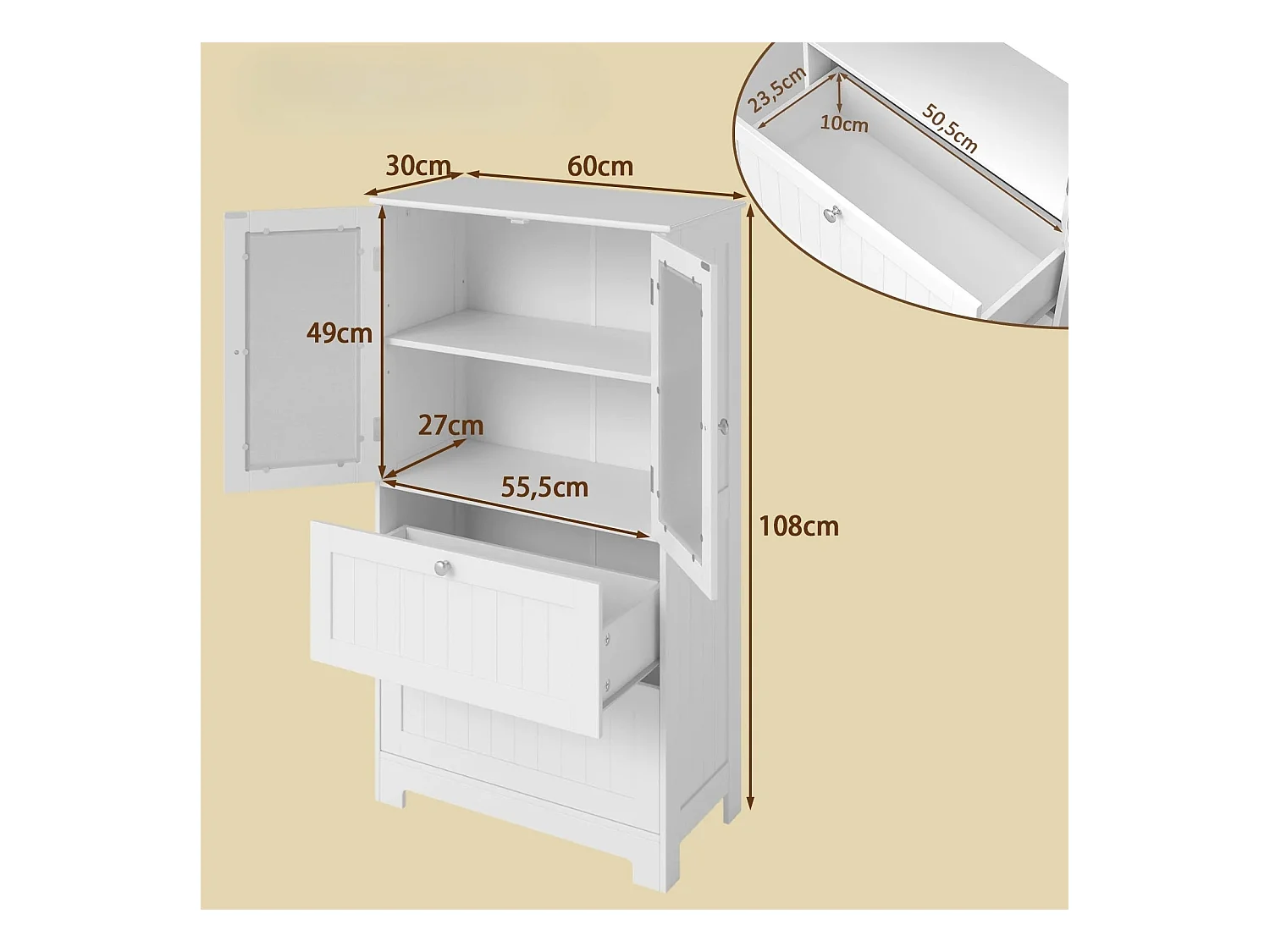 Armoire de salle de bains avec 2 tiroirs & 2 portes vitrées & étagère réglable Armoire haute blanche