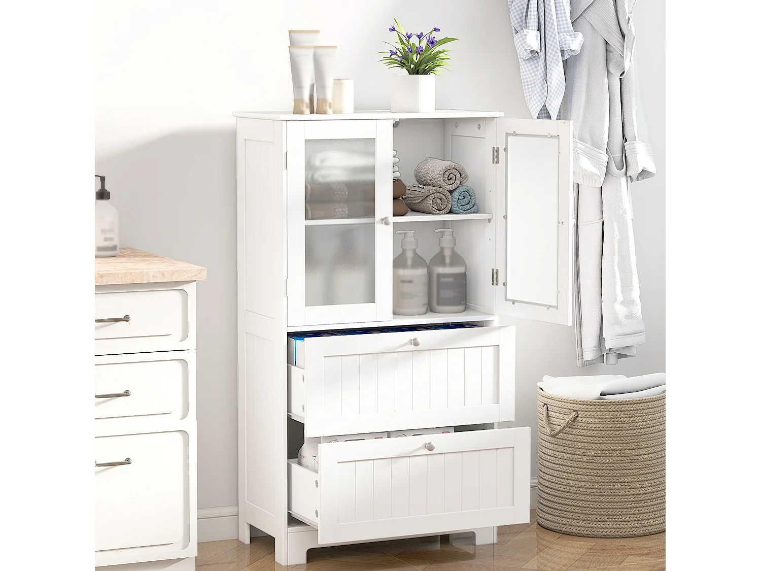 Armoire de salle de bains avec 2 tiroirs & 2 portes vitrées & étagère réglable Armoire haute blanche