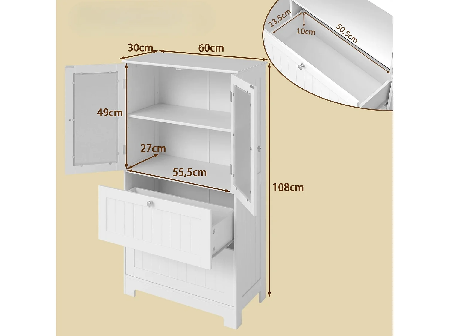 Armoire de salle de bains avec 2 tiroirs & 2 portes vitrées & étagère réglable Armoire haute blanche