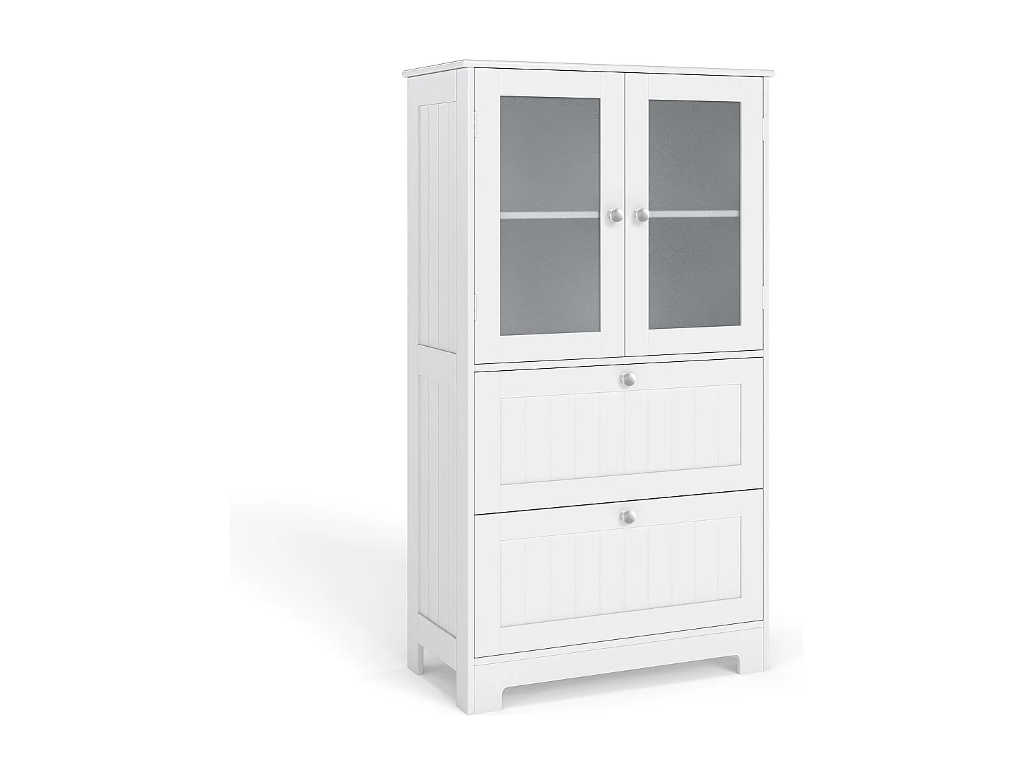 Armoire de salle de bains avec 2 tiroirs & 2 portes vitrées & étagère réglable Armoire haute blanche