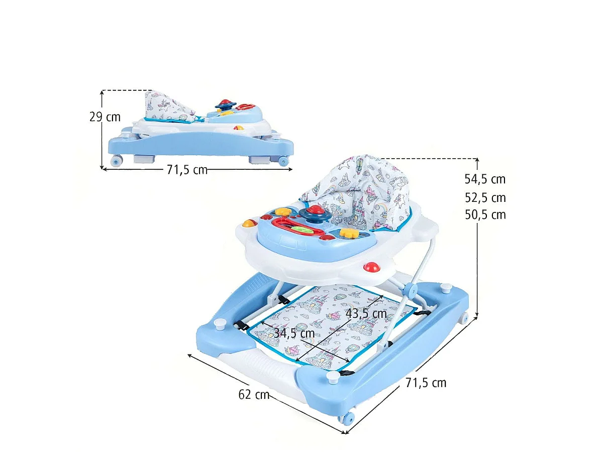 Girello per bambini con altezza regolabile vassoio musicale rimovibile, Centro attività per bambini di 6+ mesi Blu