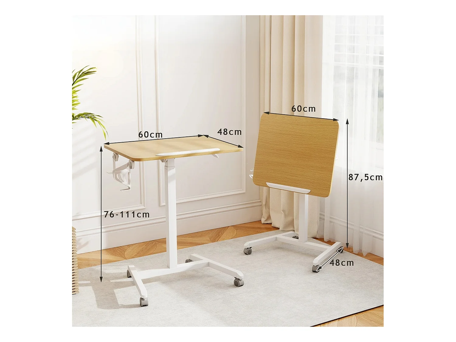 Table d'appoint réglable en hauteur avec roulettes & plateau inclinable à 90° Table de soins Table de lit