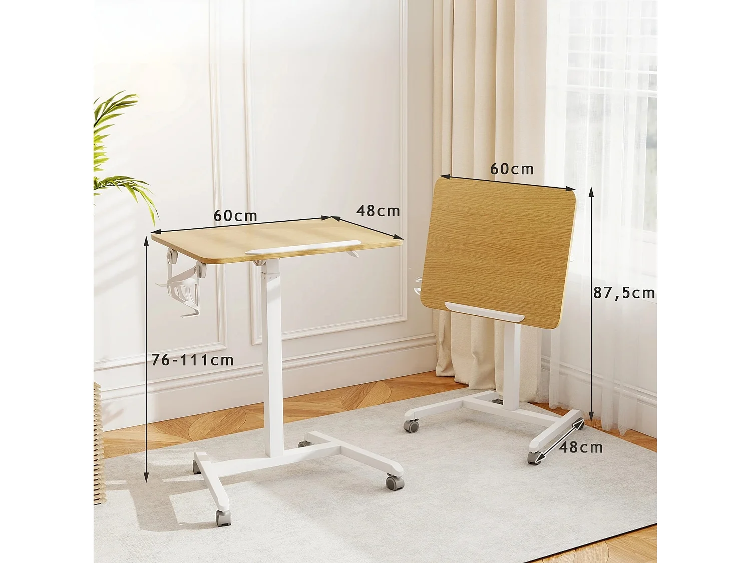 Table d'appoint réglable en hauteur avec roulettes & plateau inclinable à 90° Table de soins Table de lit