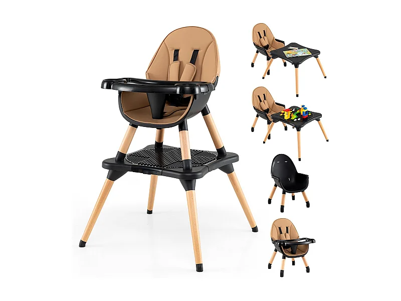 6 in 1 Baby Hochstuhl mit Bausteintisch & Abnehmbarem Doppeltablett Kinderhochstuhl Braun