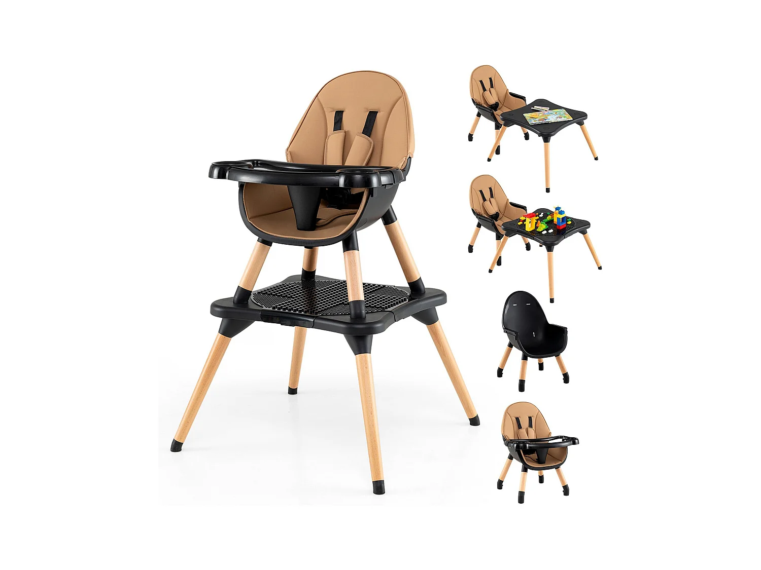 6 in 1 Baby Hochstuhl mit Bausteintisch & Abnehmbarem Doppeltablett Kinderhochstuhl Braun