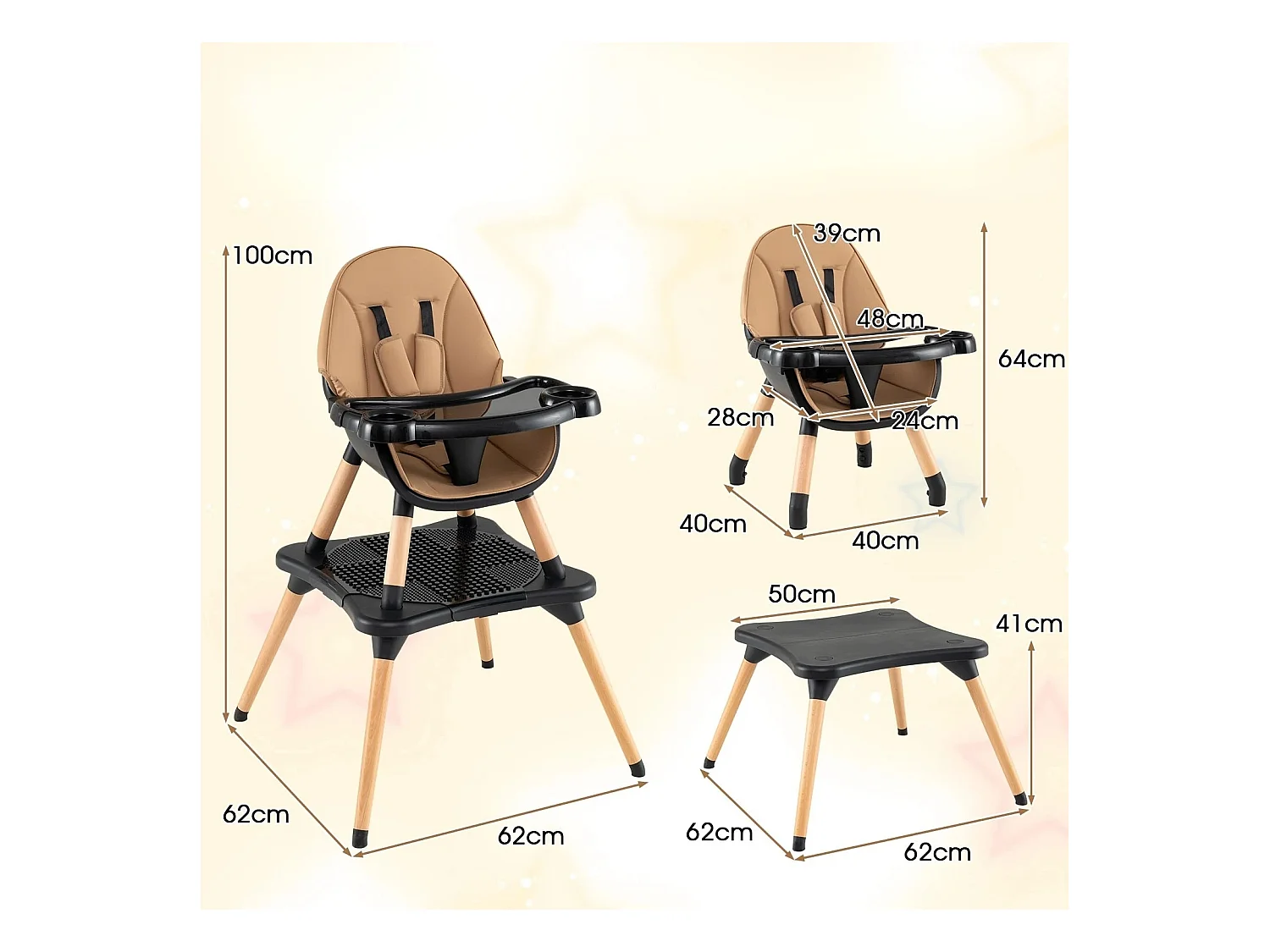 6 in 1 Baby Hochstuhl mit Bausteintisch & Abnehmbarem Doppeltablett Kinderhochstuhl Braun