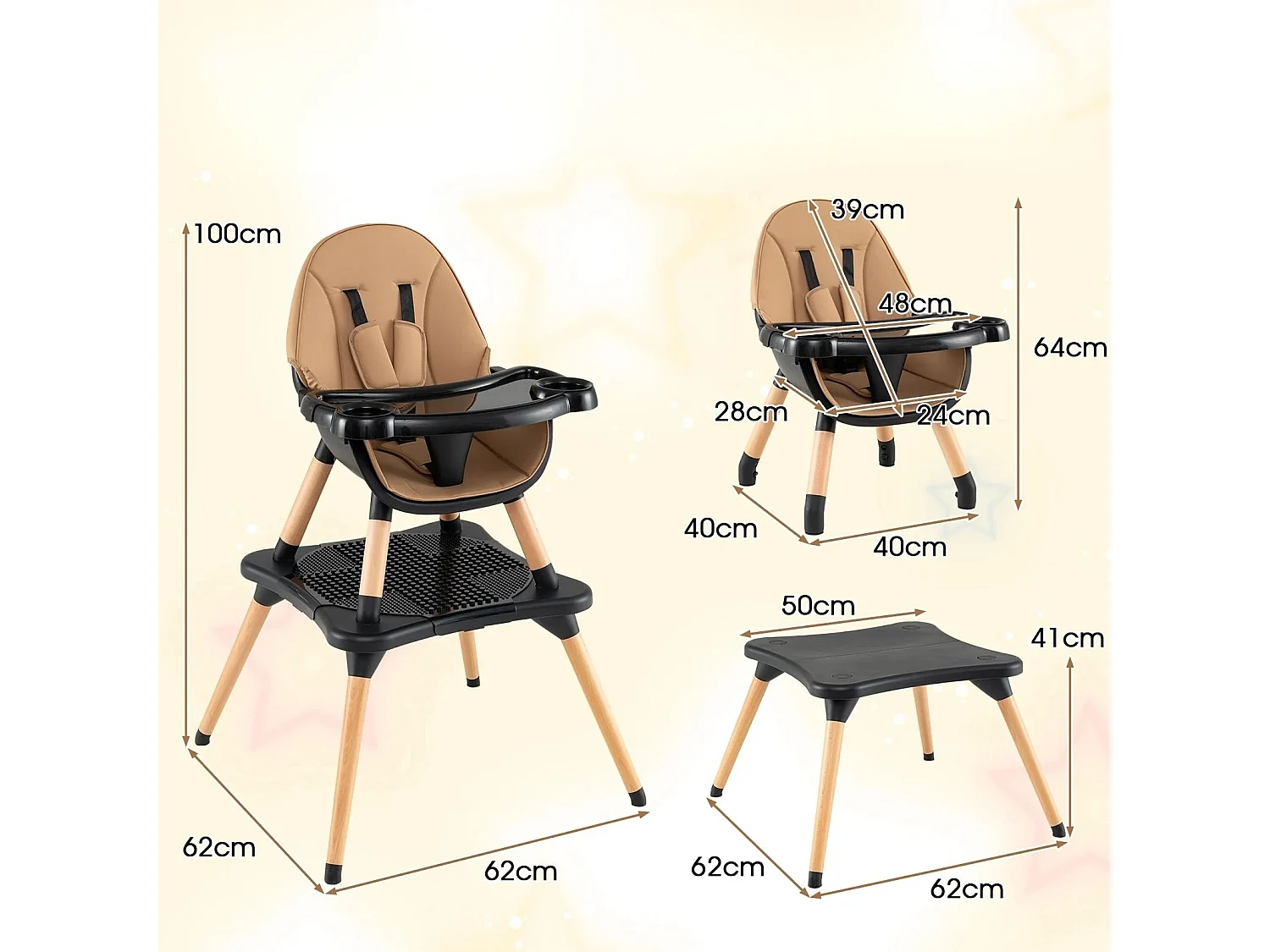 seggiolone 6 in 1 per bambini con tavolo a blocchi e doppio vassoio rimovibile marrone