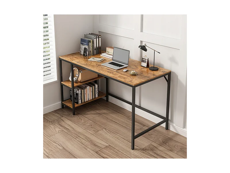 Biurko komputerowe stolik vintage rustykalny brąz z 2 półkami loft 140 cm