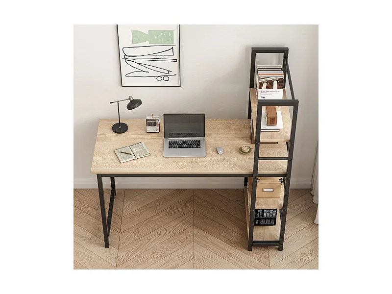 BUREAU D'ORDINATEUR AVEC ÉTAGÈRE ET ÉTAGÈRES MODERNE EN MÉTAL  BRUN CLAIR
