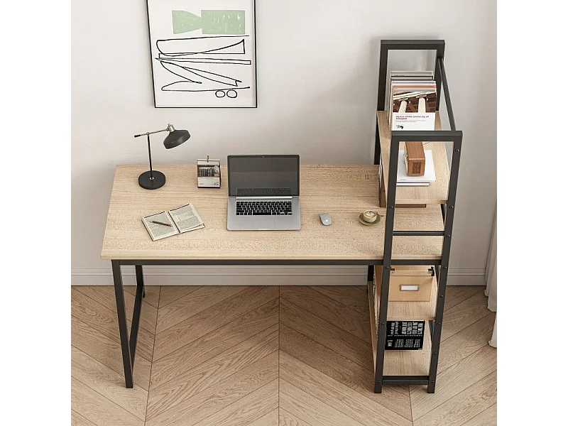 Biurko komputerowe z regałem półkami nowoczesne metalowe jasny brąz