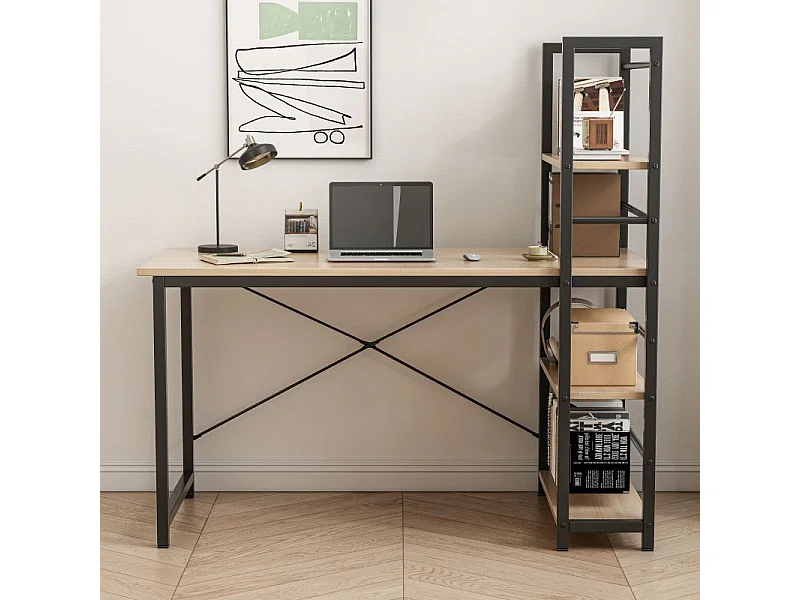 Biurko komputerowe z regałem półkami nowoczesne metalowe jasny brąz