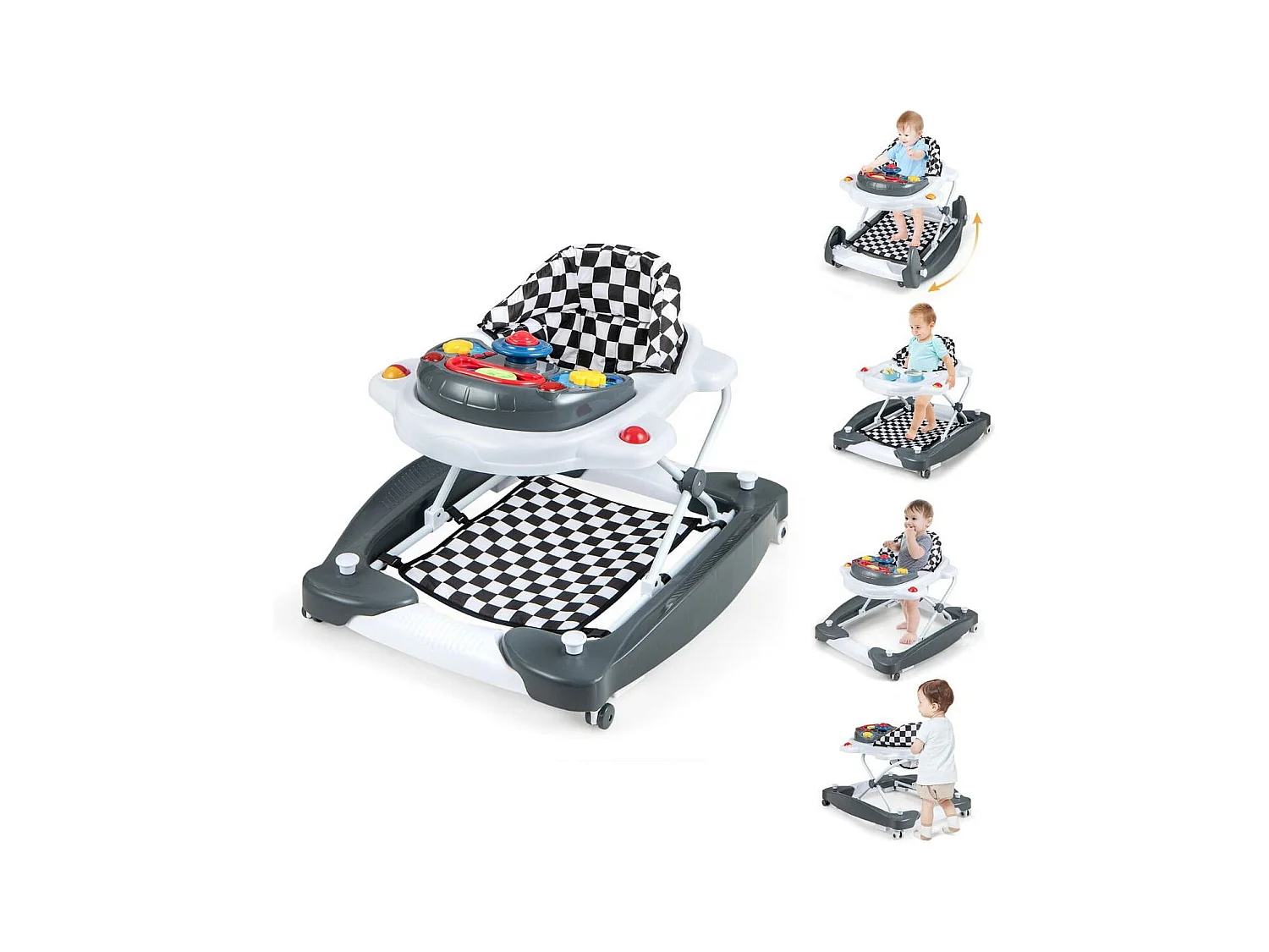 Trotteur Évolutif avec Lumière&Musique Trotteur Marche Pliable avec 3 Hauteur Réglable Charge 12 kg pour Bébé de 6 Mois + Gris