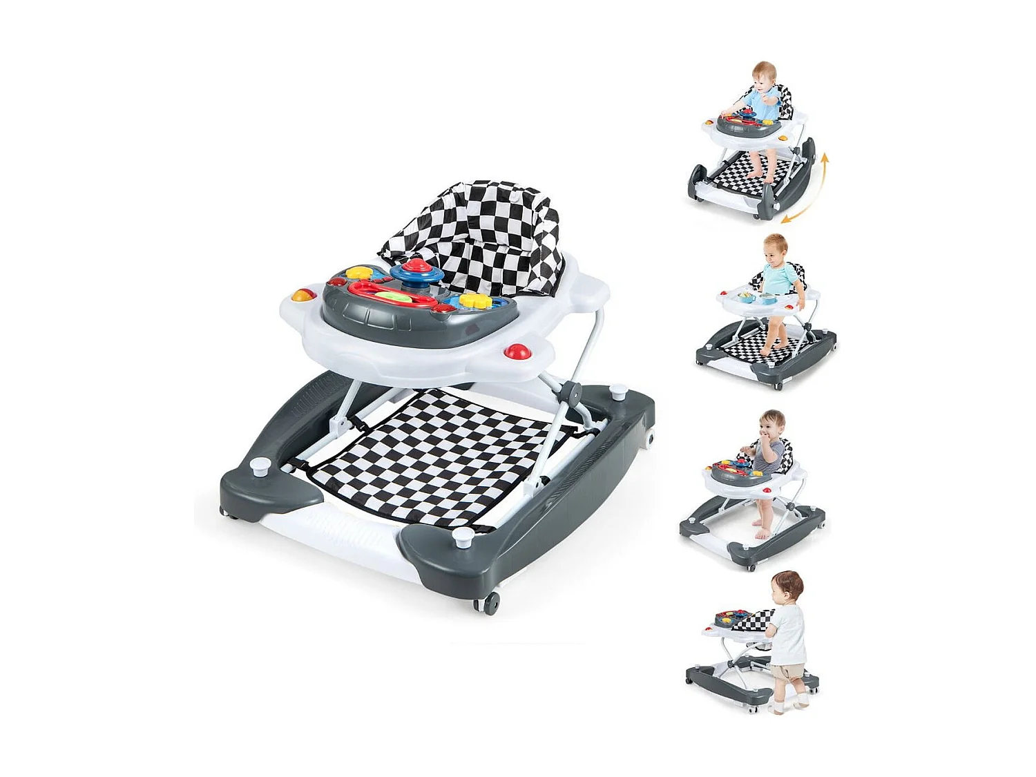 Girello per bambini con altezza regolabile vassoio musicale rimovibile, Centro attività per bambini di 6+ mesi Grigio