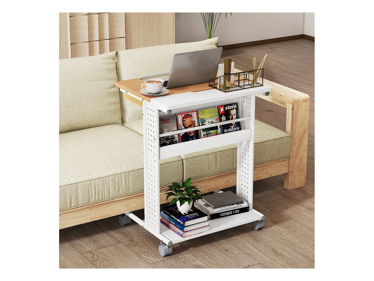 Bureau à roulettes & plateau inclinable Table d'ordinateur mobile Table d'ordinateur portable Naturel