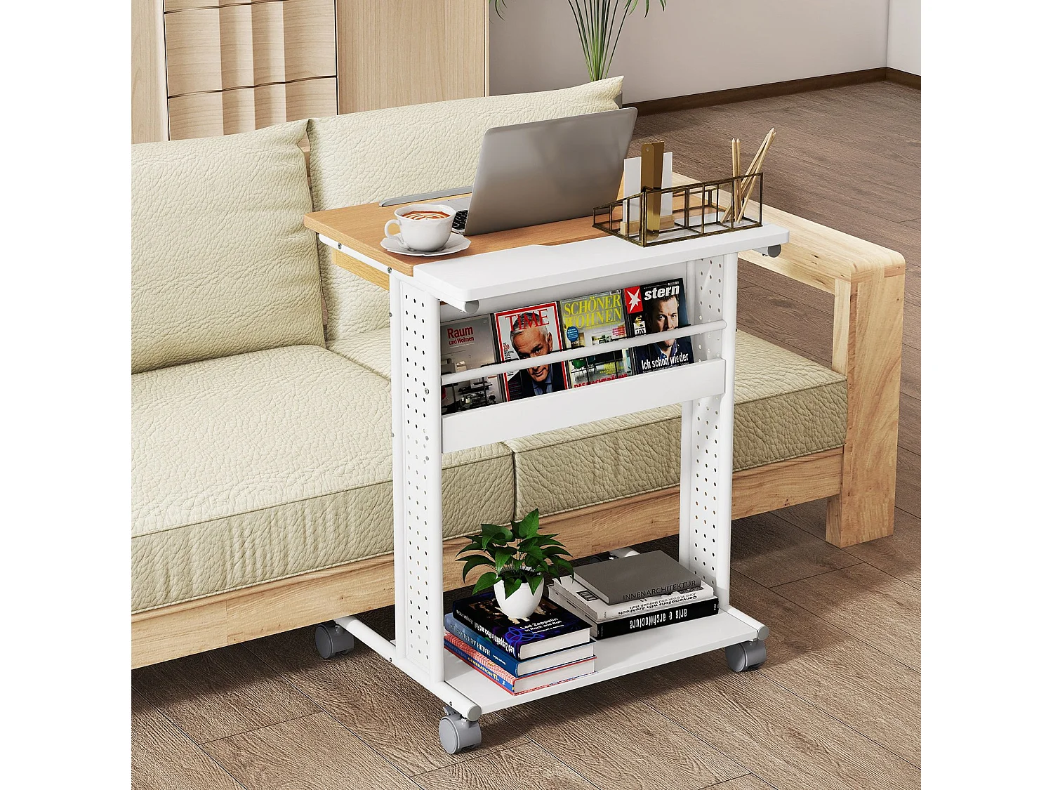 Scrivania con rotelle e piano inclinabile Scrivania mobile per computer Tavolo per PC Tavolo per laptop Naturale