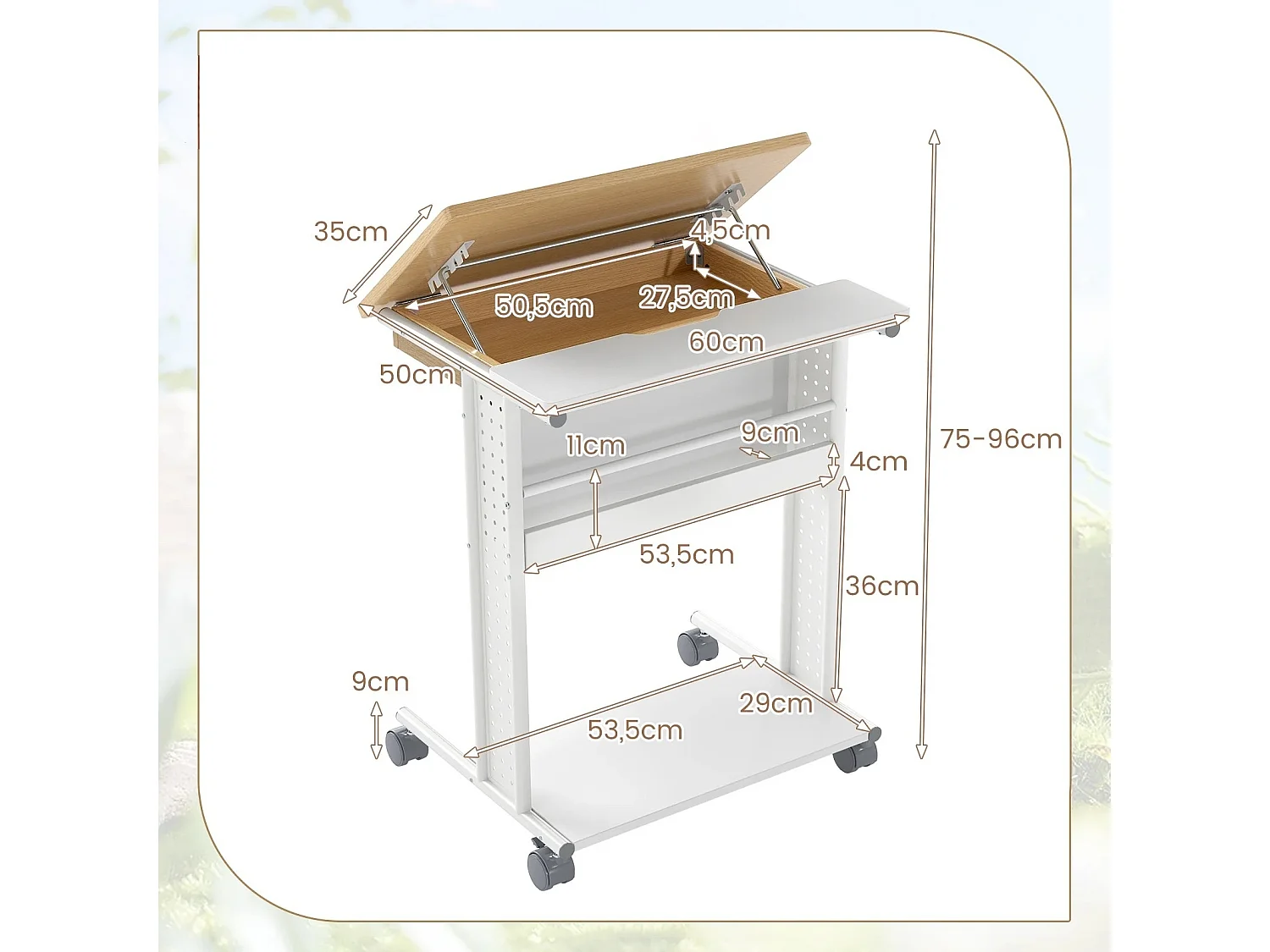 Scrivania con rotelle e piano inclinabile Scrivania mobile per computer Tavolo per PC Tavolo per laptop Naturale
