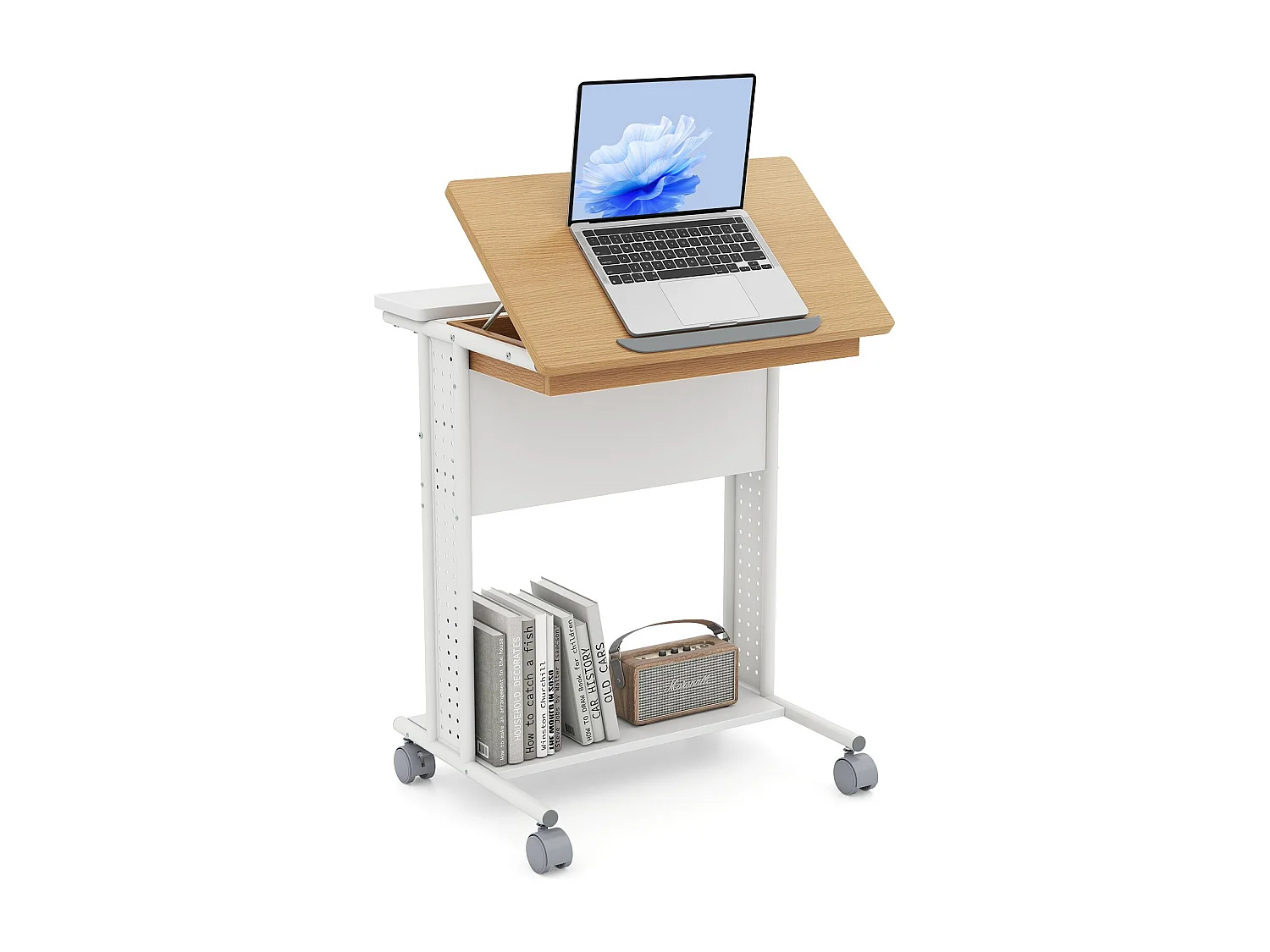 Scrivania con rotelle e piano inclinabile Scrivania mobile per computer Tavolo per PC Tavolo per laptop Naturale