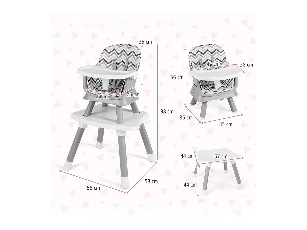 Seggiolone per neonati con imbracatura a 5 punti cuscino rimovibile, Seggiolone per bambini convertibile Grigio e Bianco