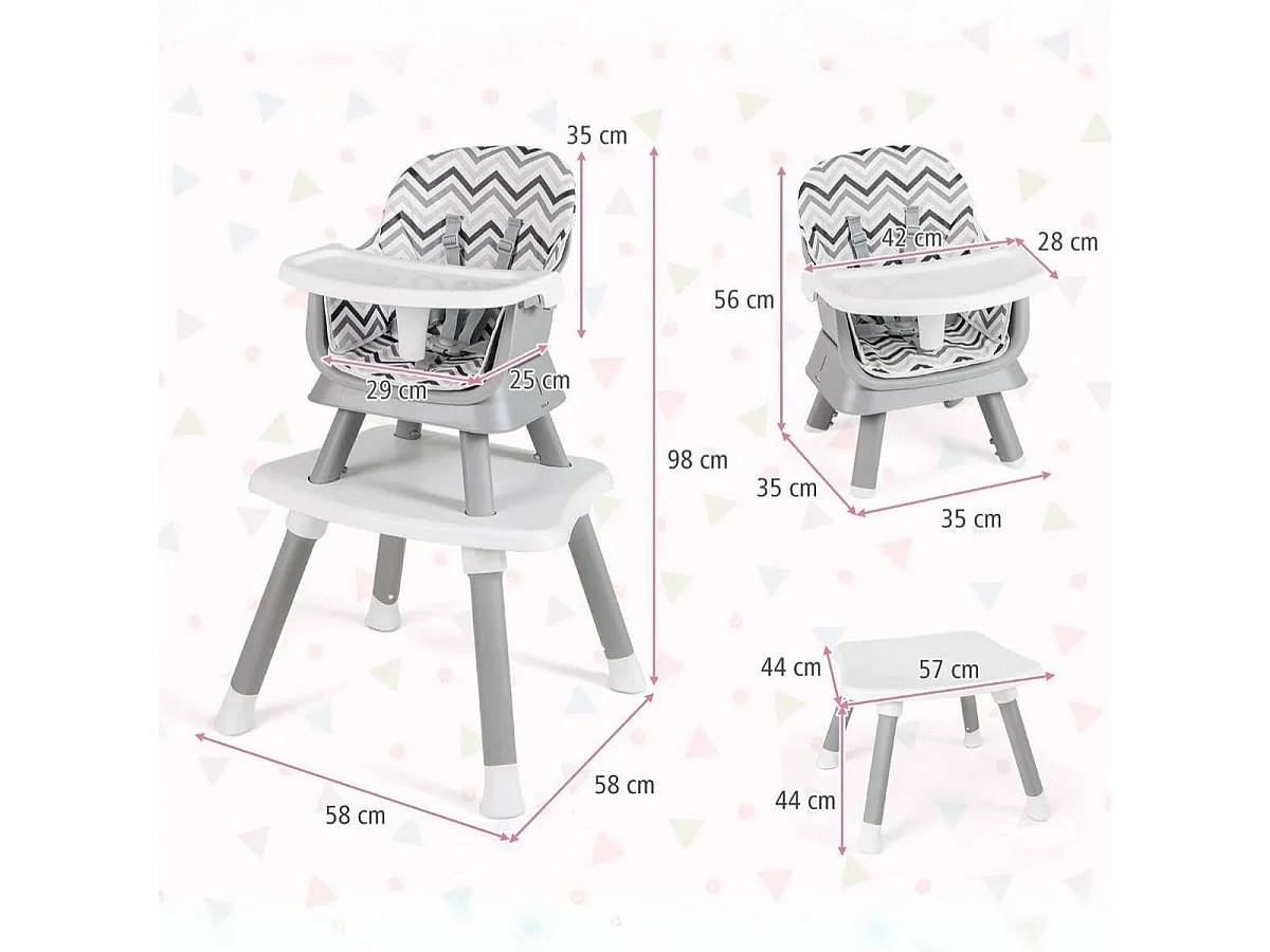 Seggiolone per neonati con imbracatura a 5 punti cuscino rimovibile, Seggiolone per bambini convertibile Grigio e Bianco