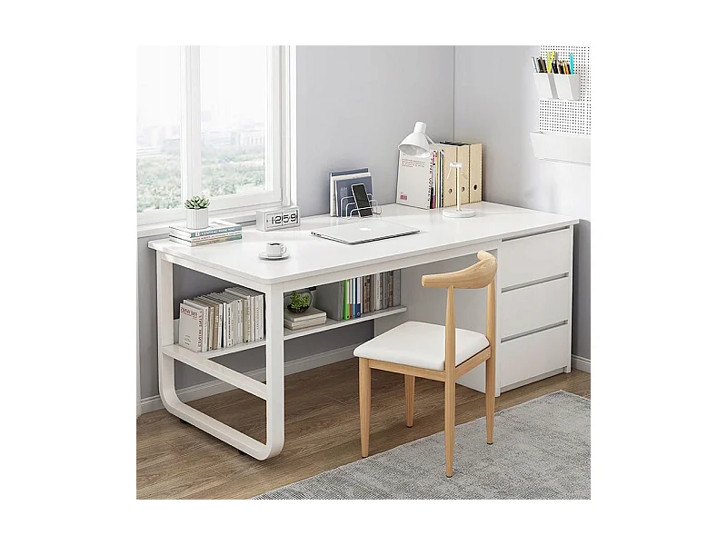 BUREAU INFORMATIQUE POUR ADOLESCENTS BLANC STYLE SCANDINAVE GRANDES LOFT ÉTAGÈRES 100 CM